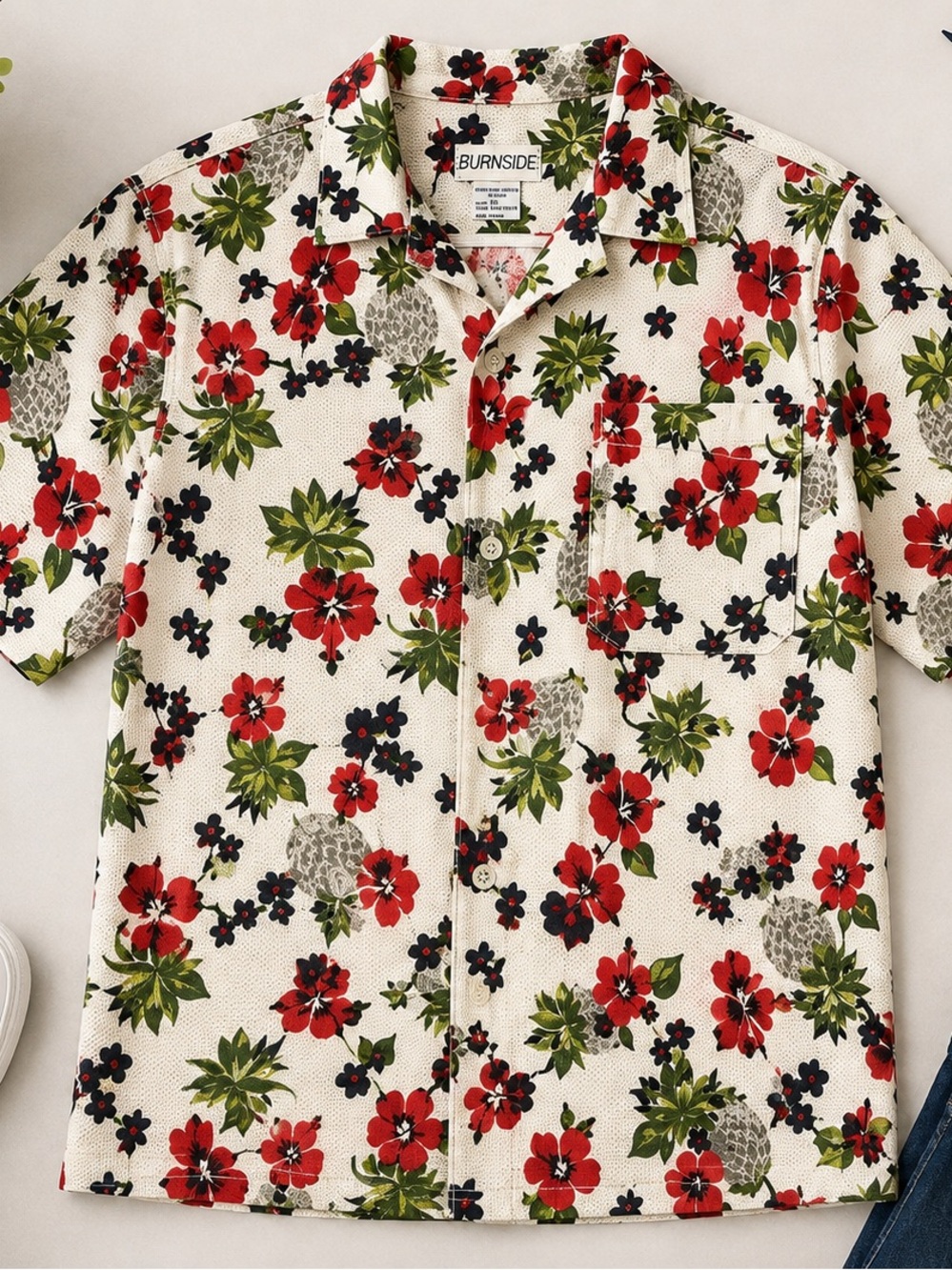 burnside White Short-Sleeve Floral Camp Shirt with Red & Green Print
